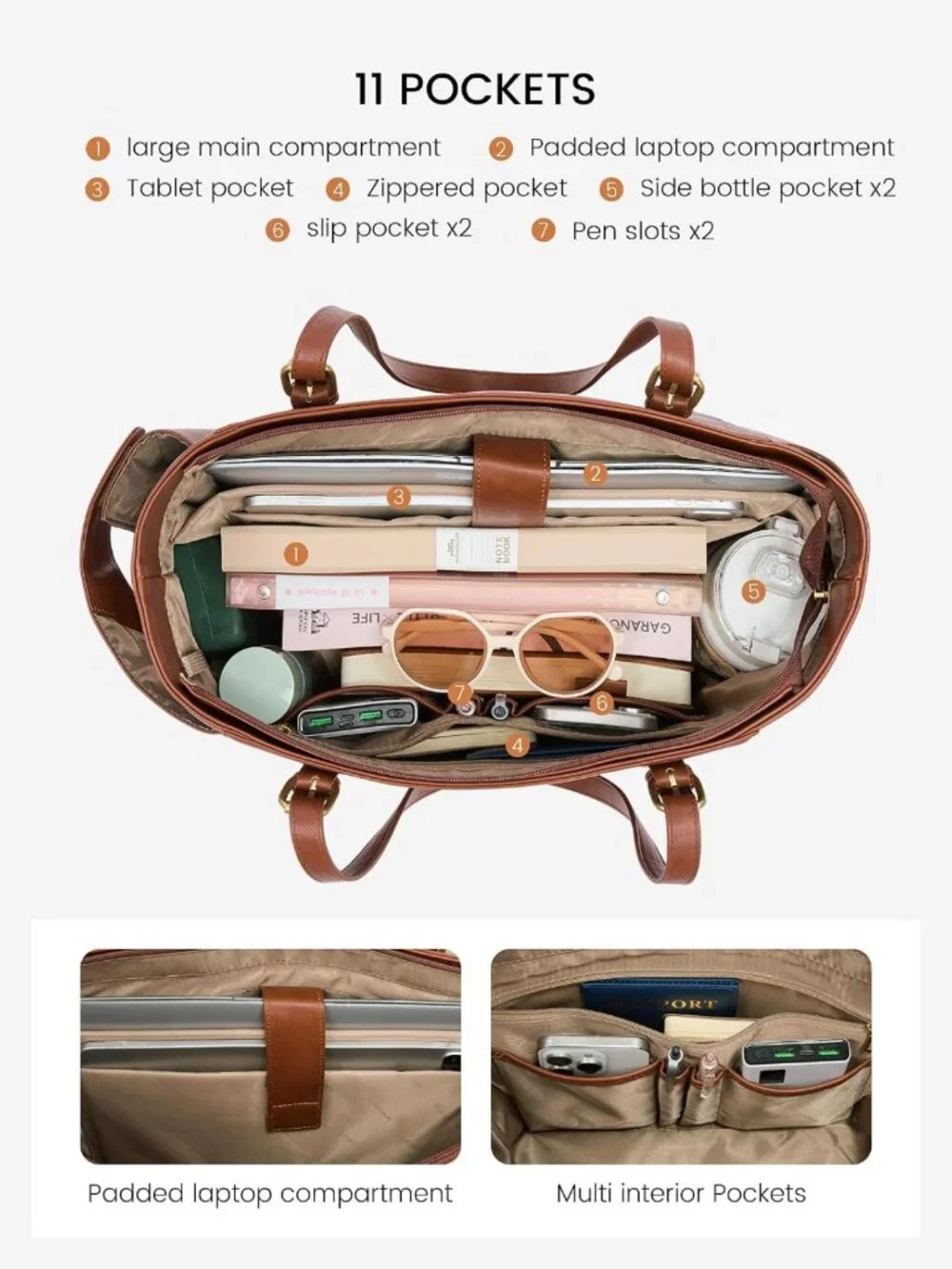 Vintage Leather Laptop Tote Bag for Women, 15.6